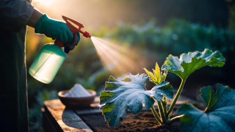 Illustration of a hand-held sprayer applying a baking-soda spray to powdery mildew on plant leaves