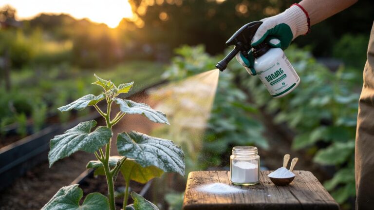 Illustration of a handheld sprayer applying a baking soda solution to plant leaves to prevent powdery mildew