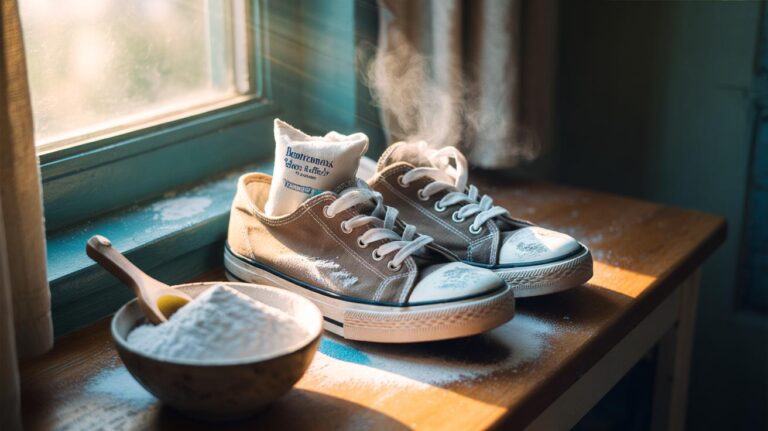 Illustration of baking soda sprinkled inside musty-smelling shoes to neutralise odour