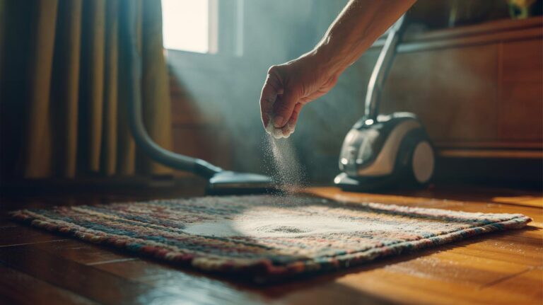 Illustration of baking soda being sprinkled under a rug to neutralise odours