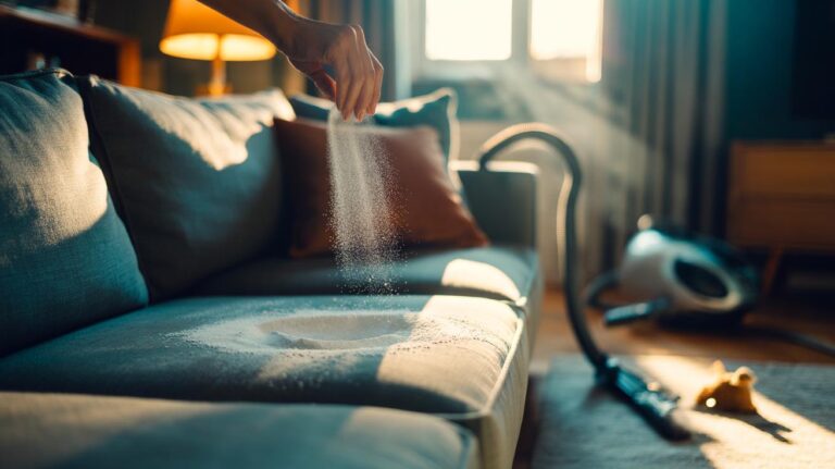 Illustration of baking soda being sprinkled under sofa cushions to absorb odours