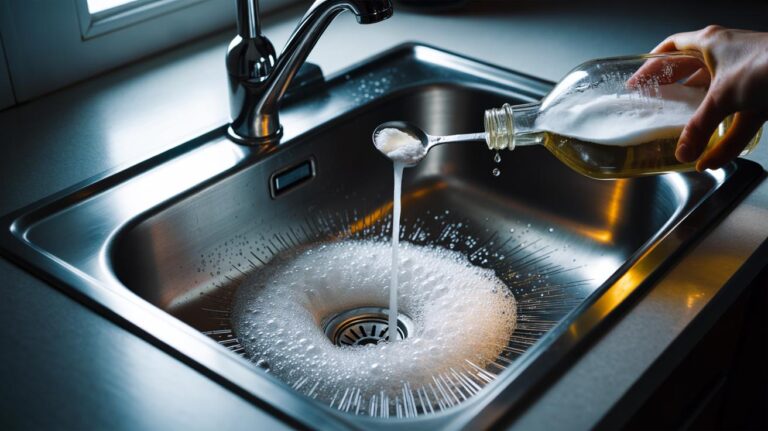 Illustration of baking soda and vinegar fizzing in a kitchen sink drain to dislodge grease