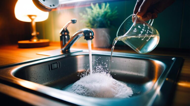Illustration of baking soda and vinegar fizzing in a sink drain to disperse grease and unclog a slow drain
