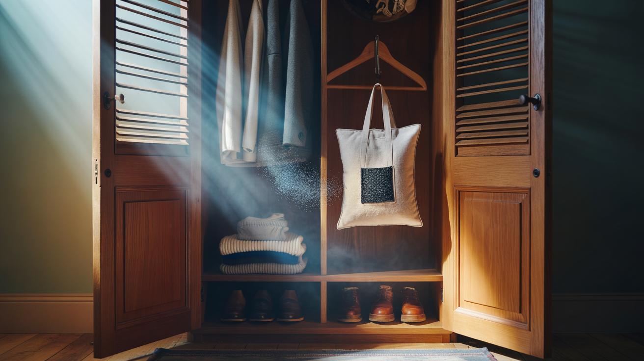 Illustration of a bamboo charcoal bag in a wardrobe purifying air by adsorbing moisture and odours via porous carbon