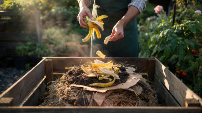 Illustration of banana peels being added to a compost bin to boost nutrients quickly