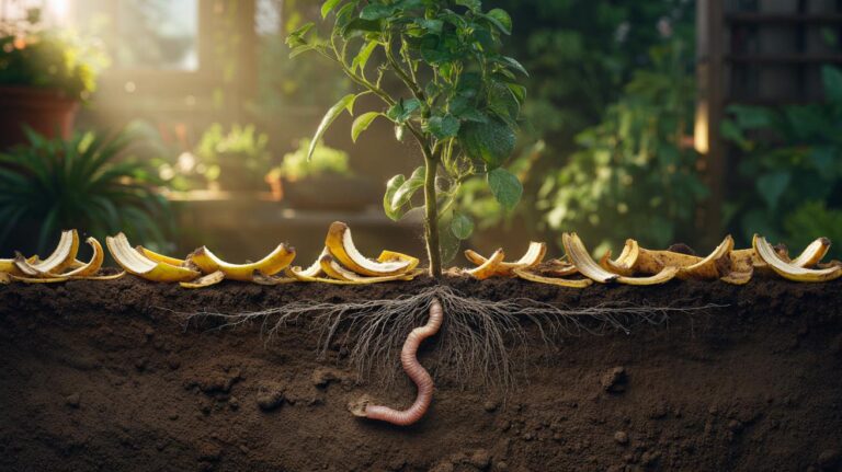 Illustration of a thin compost mulch of chopped banana peels on garden soil, slowly decomposing to release nutrients and feed plant roots