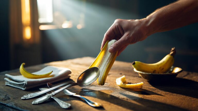 Illustration of the inner side of a banana peel being used to polish tarnished silver cutlery