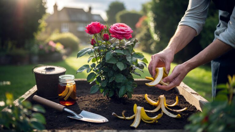 Illustration of banana peels being applied as organic fertiliser around a blooming rose bush