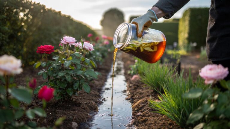 Illustration of a gardener pouring diluted banana-peel soak around rose bushes to provide natural potassium for stronger blooms.