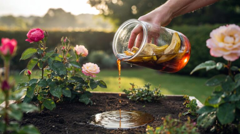 Illustration of a gardener pouring diluted banana-peel soak at the base of rose bushes to provide potassium and encourage stronger blooms