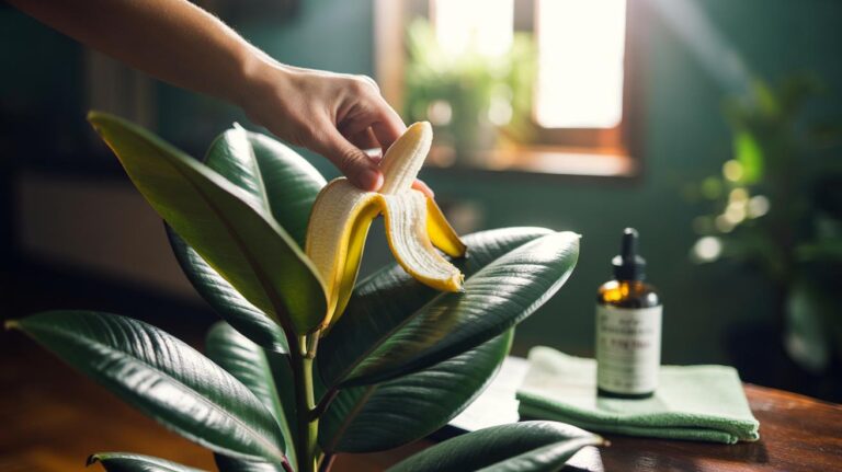 Illustration of a person gently polishing a houseplant leaf with the inside of a banana peel to restore natural shine