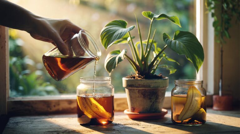 Illustration of banana water made from banana peels being used to water indoor houseplants