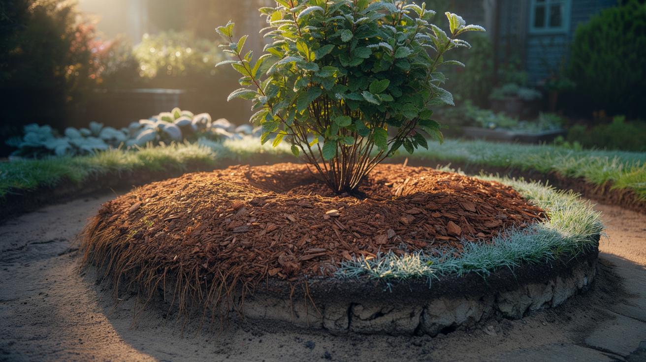The bark-chip mulch protects plant roots: how insulation stabilises soil temperature