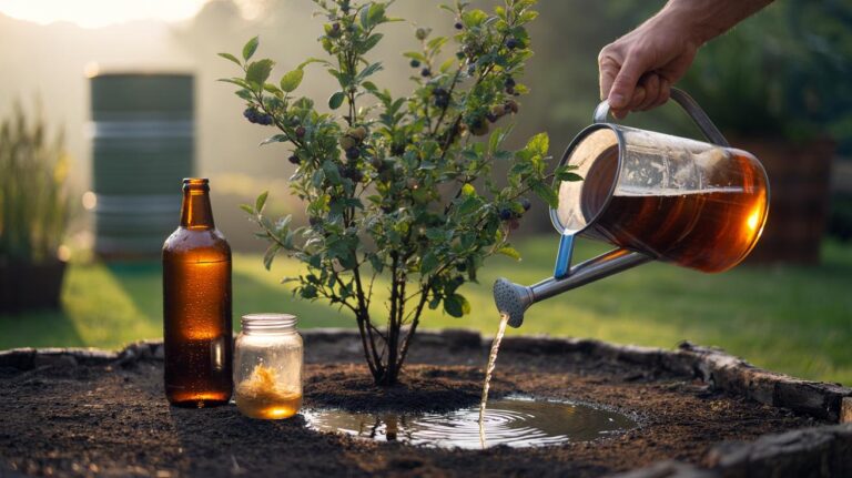 Illustration of a diluted beer-and-water mix being applied to acid-loving plants to provide gentle yeast-derived nutrients