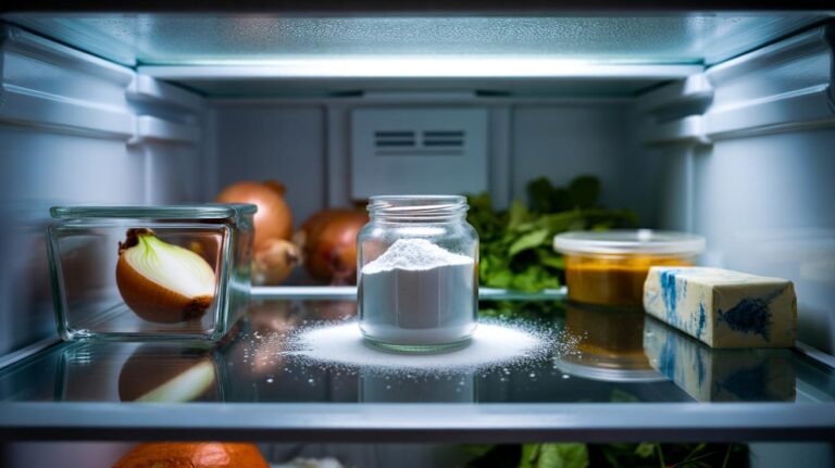 Illustration of an open jar of bicarbonate of soda on a fridge shelf to absorb odours