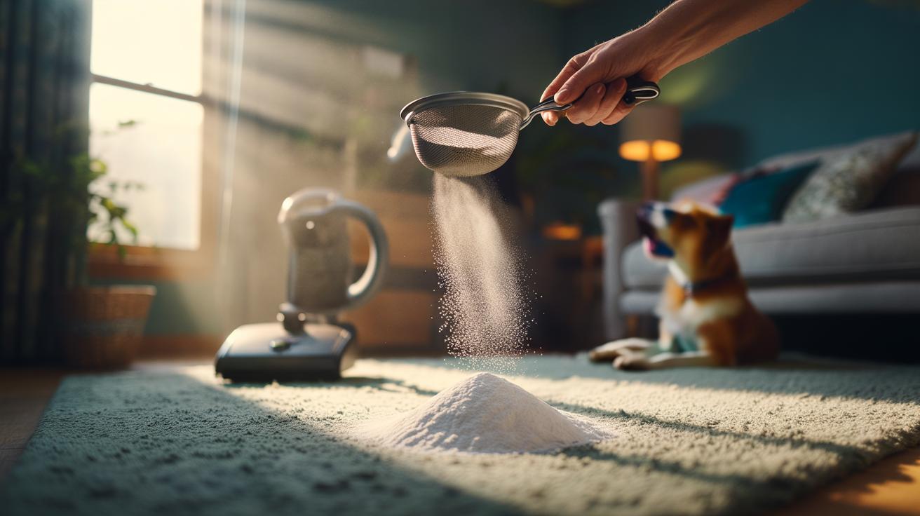 Illustration of bicarbonate of soda being lightly sprinkled onto a carpet with a sieve as an odour-neutralising step before vacuuming.
