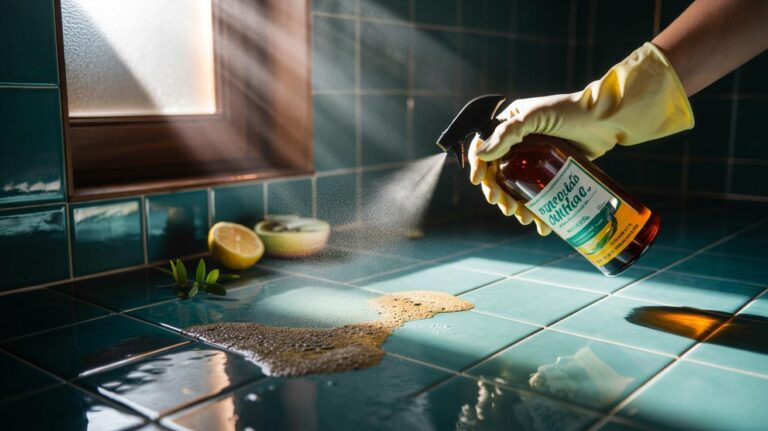 Illustration of a bleach-free mould spray being applied to bathroom grout to clean and prevent regrowth