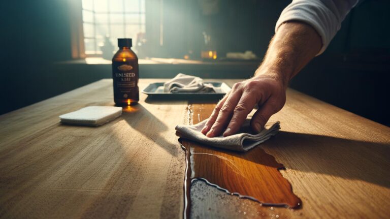 Illustration of a boiled-flaxseed oil rinse being applied with a cloth to dry wood to revive grain and nourish the surface