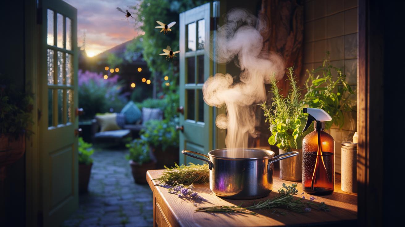 Illustration of a pot of simmering rosemary, mint, and lemongrass being strained into a spray bottle to make a boiled-herb rinse that repels insects