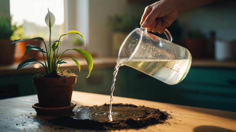 Illustration of unsalted, diluted boiled rice water being poured onto the soil of a drooping houseplant to strengthen leaves