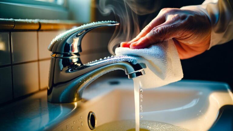 Illustration of a hot white vinegar-soaked cloth wiping limescale from a chrome tap