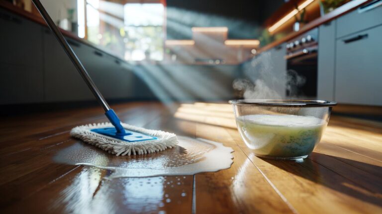 Illustration of a microfibre mop applying diluted rice water from boiled rice to polish a sealed floor