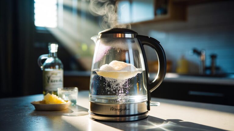 Illustration of a kettle being descaled with boiling white vinegar, showing fizz as limescale dissolves