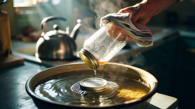 Illustration of a glass jar held upside down with only its metal lid submerged in a bowl of boiling water to loosen a stuck seal via thermal expansion