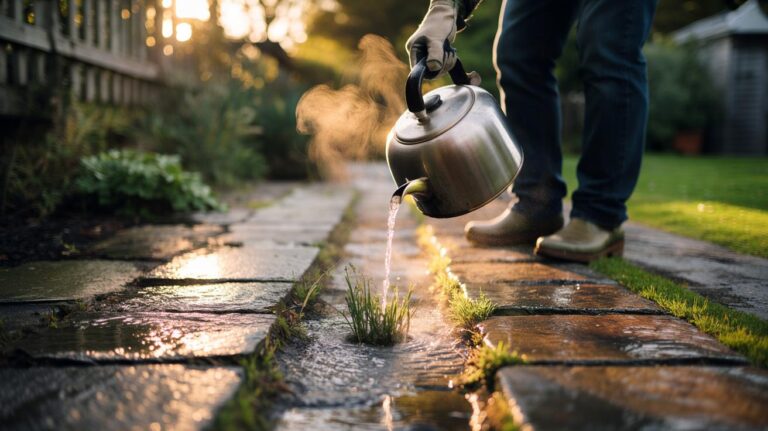 Illustration of boiling water being poured from a kettle onto weeds growing between paving slabs