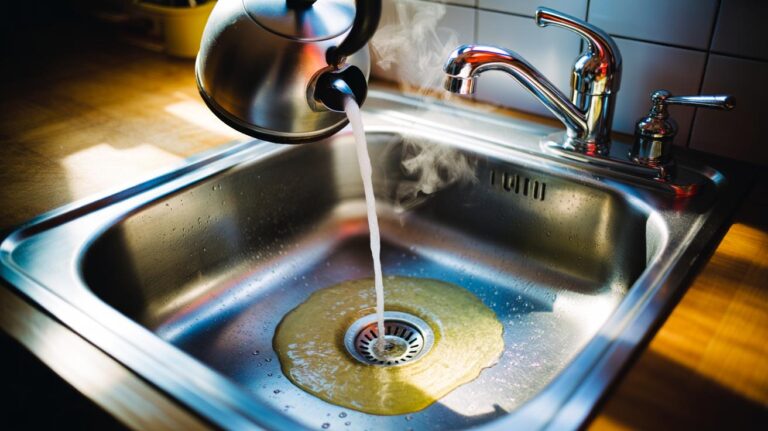 Illustration of a kettle pouring boiling water into a kitchen sink drain to dislodge built-up fat and grime