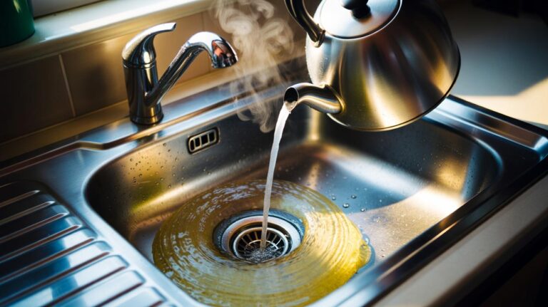 Illustration of boiling water from a kettle being poured into a kitchen sink drain to melt grease buildup and clear a clog