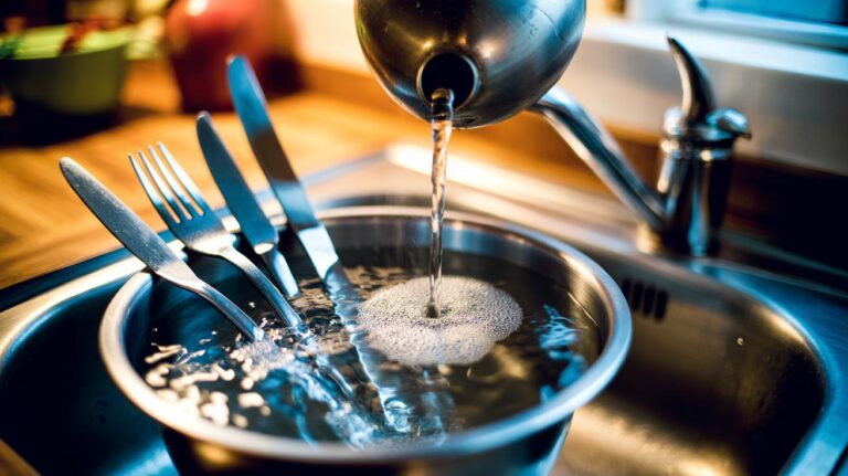 Illustration of a boiling-water rinse restoring shine to dull stainless-steel cutlery by releasing stubborn film