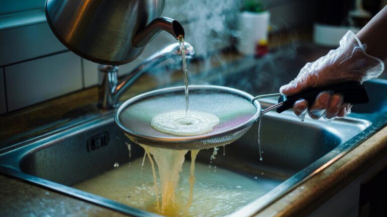 Illustration of boiling water being poured over an aluminium mesh extractor filter in a sink to dissolve and rinse away grease