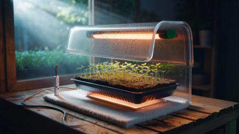 Illustration of seed trays on a thermostatically controlled heat mat delivering bottom warmth to speed seed germination