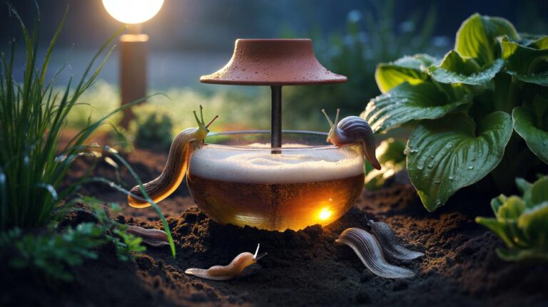 Illustration of a shallow bowl-of-beer trap sunk flush with soil, attracting slugs and snails in a garden at night