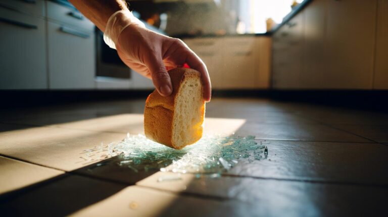 Illustration of a bread heel’s soft crumb being used to trap tiny glass shards on a kitchen floor