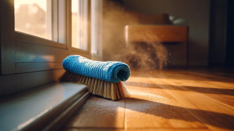 Illustration of a broom wrapped in a microfibre sock dusting skirting boards with static fibres
