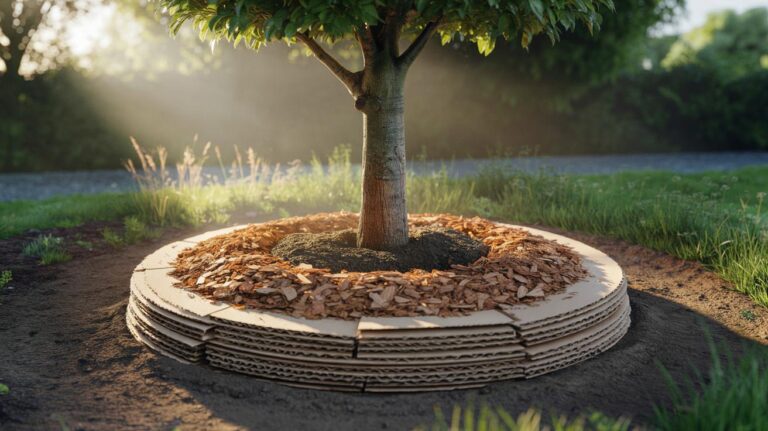 Illustration of layered cardboard sheets overlapped around a young tree and covered with wood chip mulch to block sunlight and suppress weeds