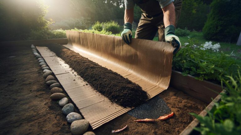 Illustration of corrugated cardboard sheets being laid over a garden bed to block weeds before a mulch layer is applied
