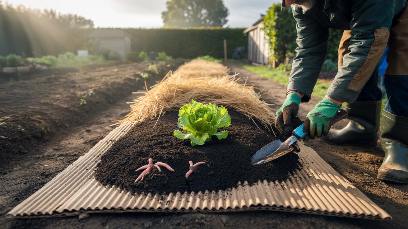 Illustration of the cardboard layering method (sheet mulching) transforming poor garden soil with overlapped cardboard sheets topped with compost and organic mulch