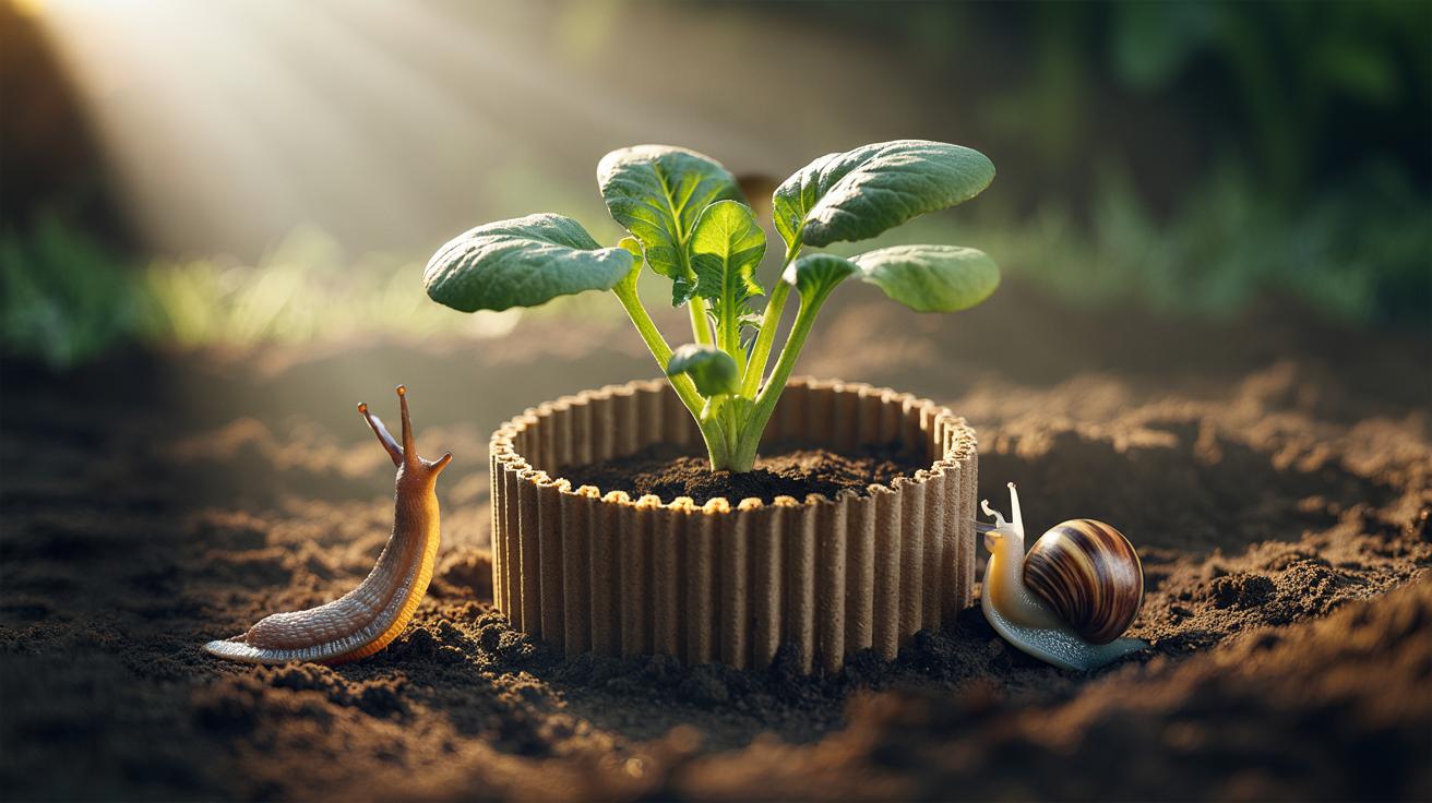 Illustration of a cardboard collar fitted around a seedling at soil level to deter slugs and cutworms