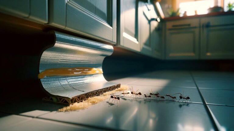 Illustration of a cardboard strip taped under a kitchen cabinet kickboard to block pest access points