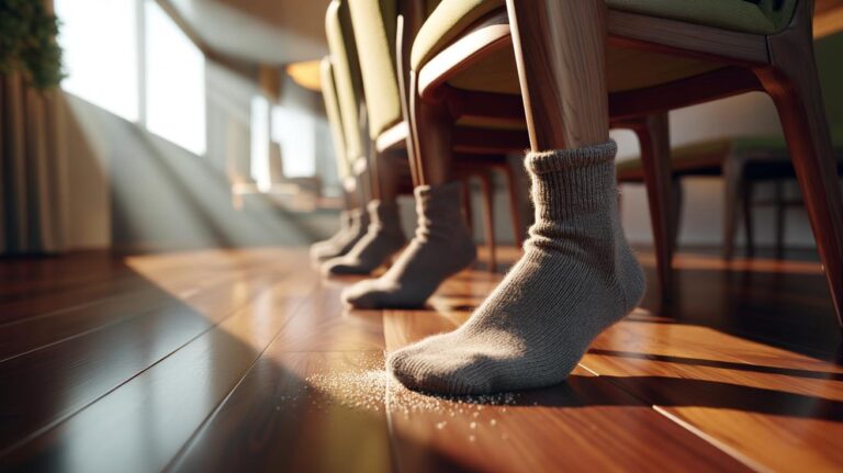 Illustration of fabric chair-leg socks cushioning dining chair legs to prevent scratches on hardwood flooring