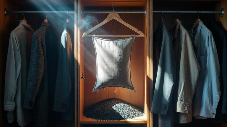 Illustration of an activated charcoal deodoriser bag hanging in a wardrobe among clothes, trapping moisture and odours to prevent mustiness