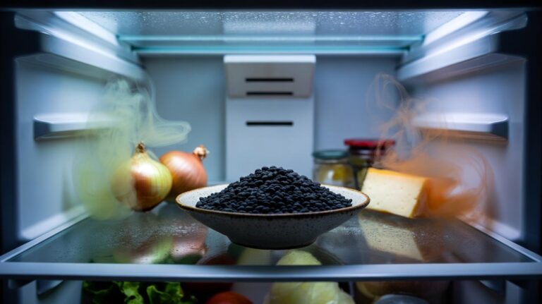 Illustration of a shallow bowl of activated charcoal on a fridge shelf absorbing food odours