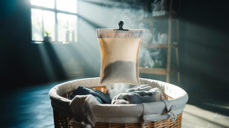 Illustration of activated charcoal sachets placed in a laundry basket to trap moisture and odours
