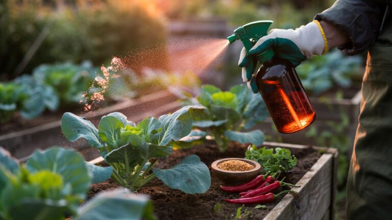 Illustration of a gardener spraying chilli water onto vegetable leaves to deter pests