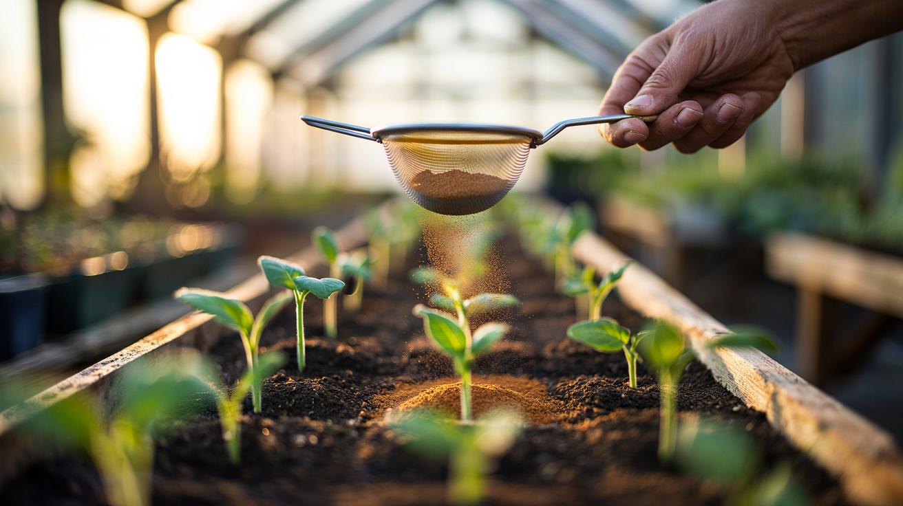 Illustration of a gardener lightly dusting ground cinnamon over seedling trays to prevent damping-off fungus.