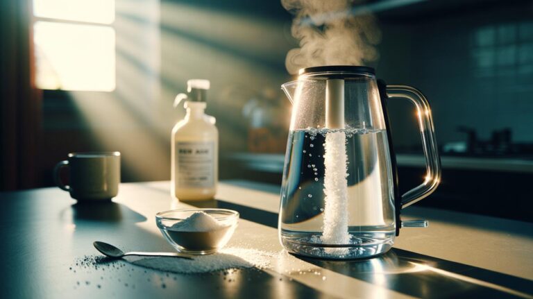 Illustration of a household kettle descaled with a hot citric acid soak, showing limescale dissolving and natural acid used instead of commercial descalers