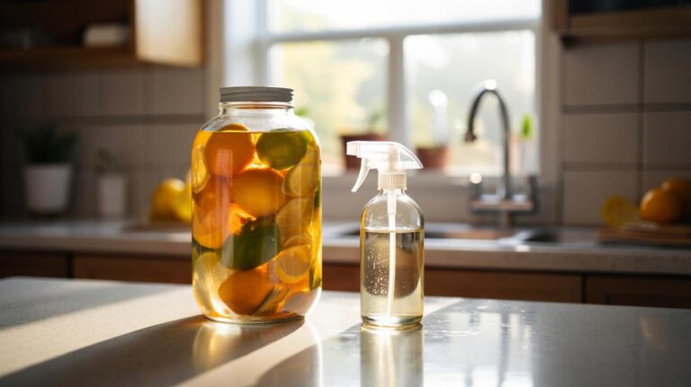 Illustration of a glass jar of citrus peels infusing in white vinegar beside a spray bottle of homemade disinfectant